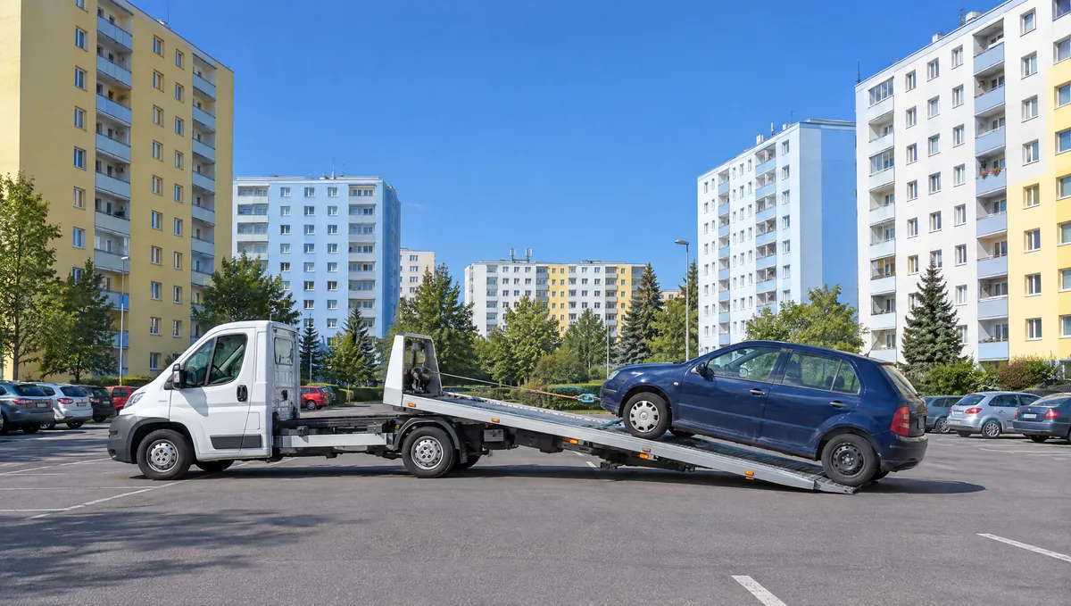 Odtahový vůz nakládá Škodu Fabii na parkovišti mezi paneláky na Jižním Městě