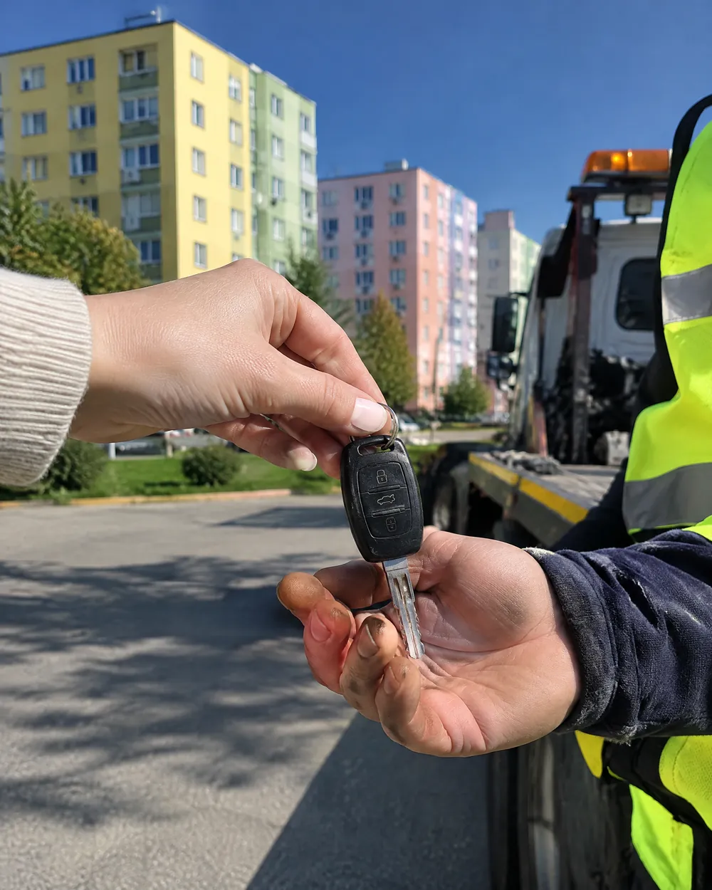 Předání klíčků řidiči odtahového vozu před panelovými domy na Jižním Městě